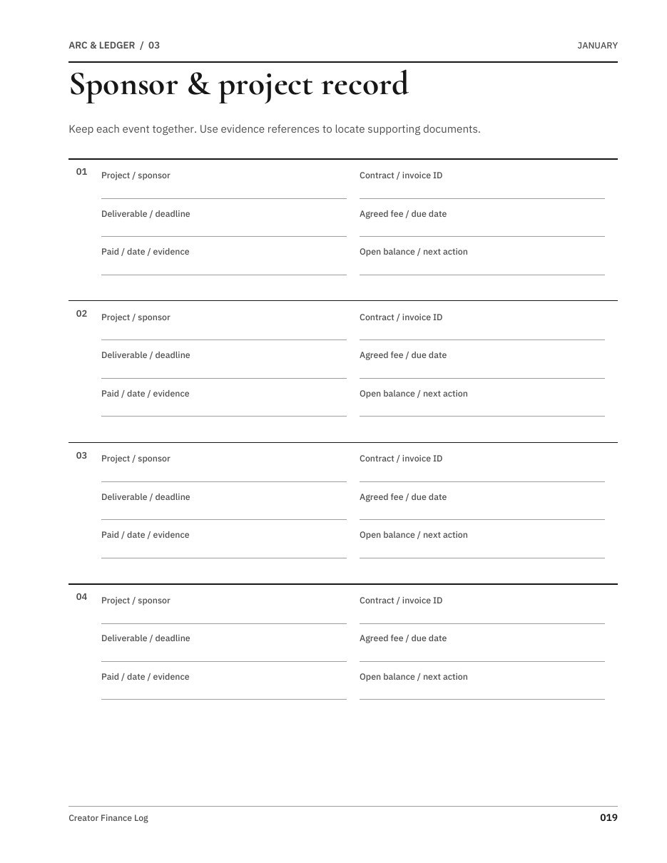 Sample worksheet from Creator Finance Log